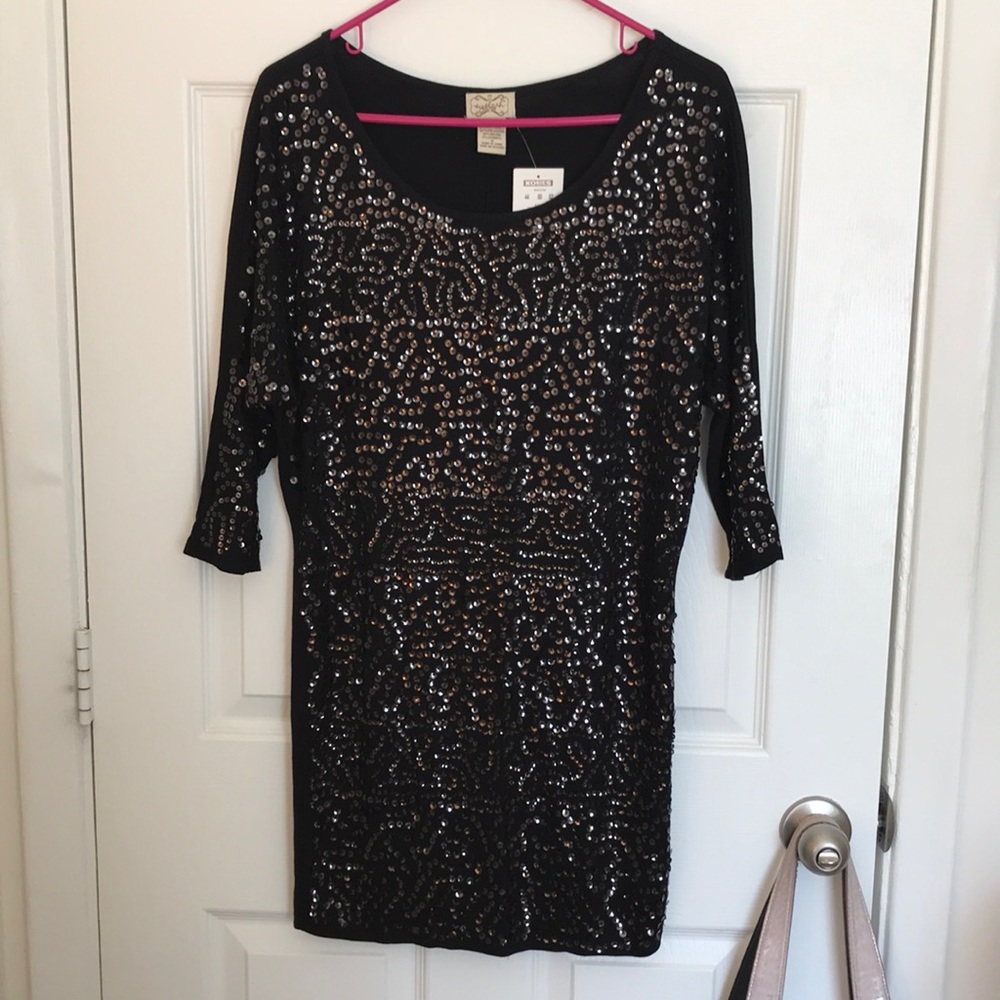 eyelash couture Black Sequin Three Quarter Length Sleeve Dress, Size Small